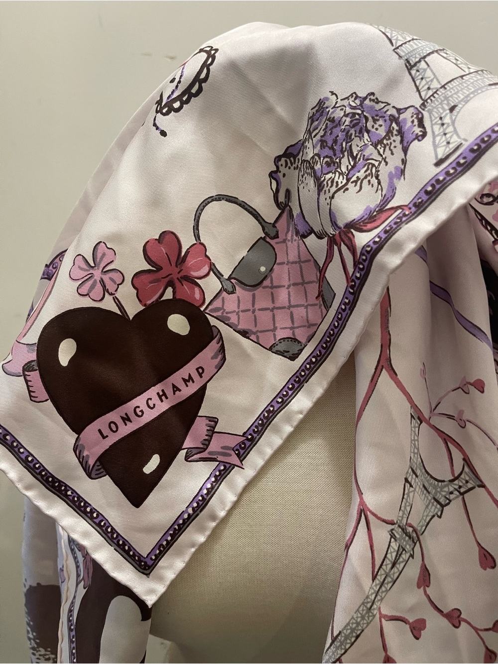 Longchamp Pink and Brown Heart Large Square Silk Scarf